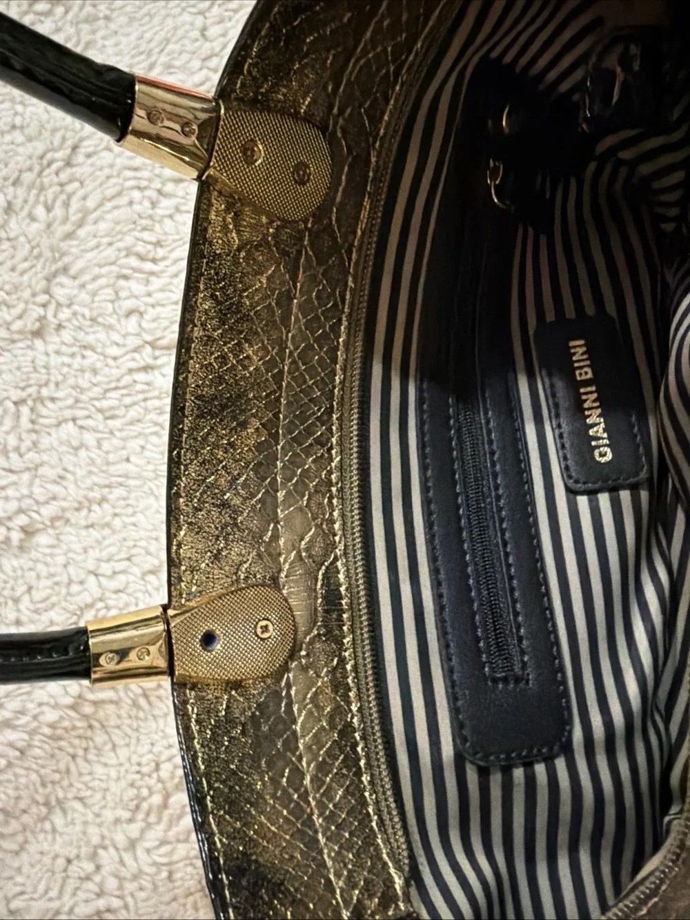 Gianni Bini Gold Snake-Texture Satchel Handbag with Black Accents